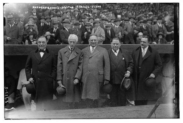 Ruppert, Kenesaw Mountain Landis [Commissioner of Baseball], Harry Frazee [Red Sox owner at the opening of Yankee Stadium in 1923 (Library of Congress)
