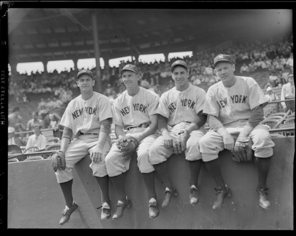 1941 | Johnny Sturm, Joe Gordon, Phil Rizzuto & Red Rolfe at Fenway Park (Boston Public Library)
