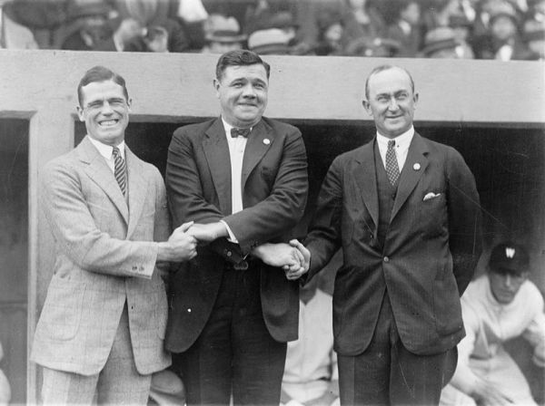 10/4/1924 | Babe Ruth & Ty Cobb (flanked by George Sisler on the left) share a more relaxed moment than they had earlier that season (Wikimedia Commons)